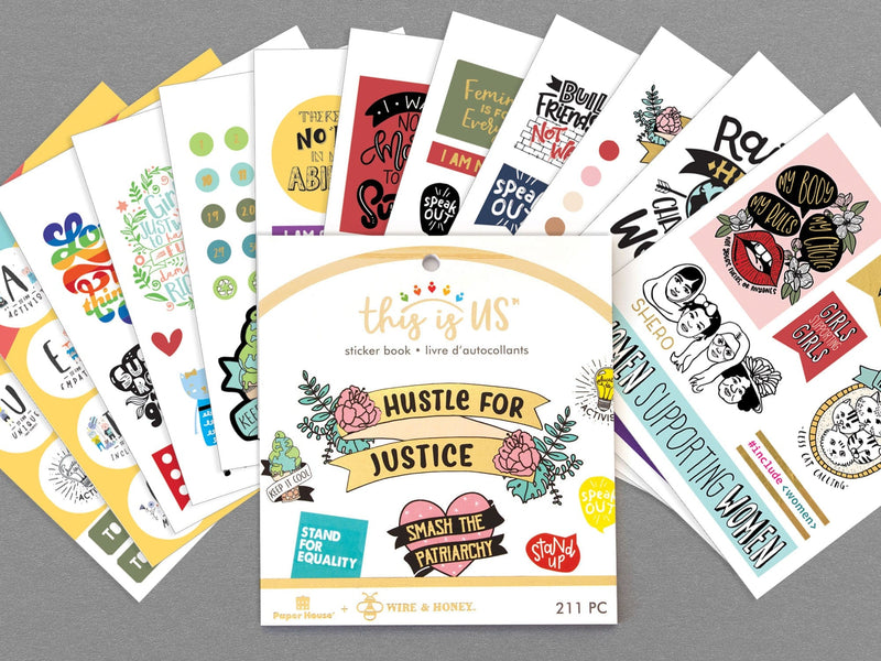 planner stickers book in package featuring colorful activism themed sentiments with gold details, shown on top of all the colorful fanned out sticker sheets.