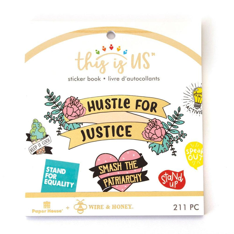 planner stickers shown in packaging featuring colorful activism themed sentiments with gold details.