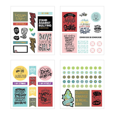 Four sheets of planner stickers are shown in this image featuring colorful activism themed sentiments and tags with gold details.