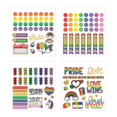 four sheets of planner stickers featuring rainbows and sentiments of love is love shown on white background.