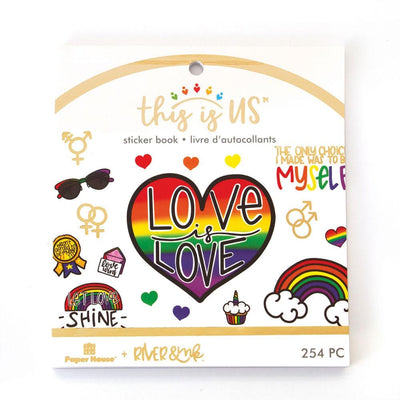 planner stickers shown in packaging featuring rainbow illustrations with Love is Love sentiments shown on white background.