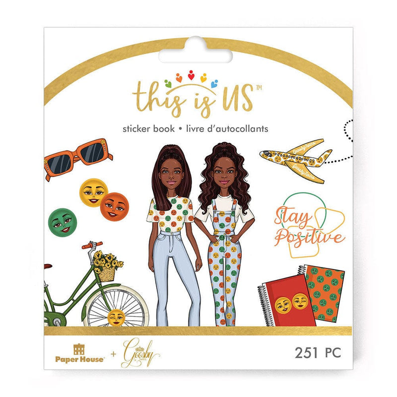 sticker book planner stickers featuring 2 women of color, an airplane, sunglasses and a bike on the cover, shown on white background.