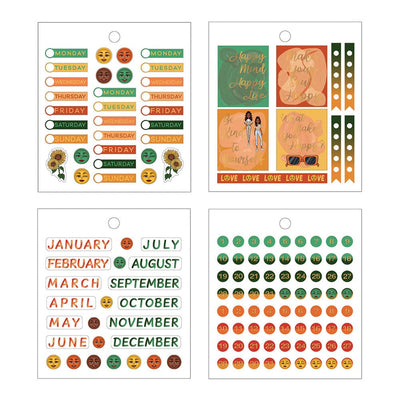 4 sheets of planner stickers featuring days of the week, months, numbers in circles in greens and oranges, shown on white background.