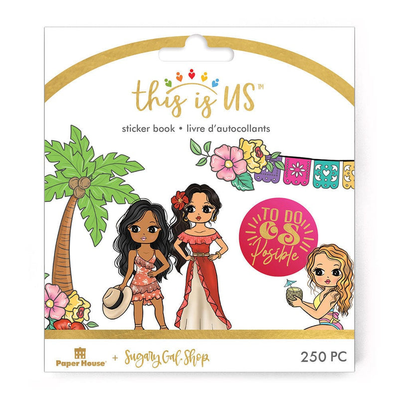 planner stickers book featuring 3 illustrated women in colorful clothing with florals and palm tree, shown on package cover on white background.