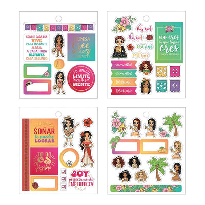 4 sheets of planner stickers featuring colorful illustrations of palm trees, florals and women, shown on white background.