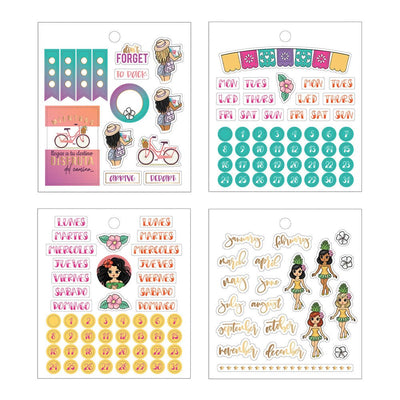 4 sheets of planner stickers featuring colorful illustrations of women with numbers, days of the week, gold details , shown on white background.