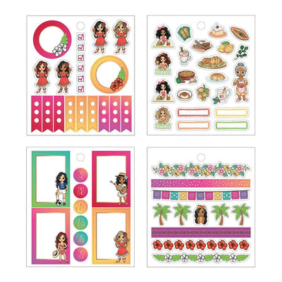 4 sheets of stickers featuring illustrations of women, florals, food and banners, shown on white background.