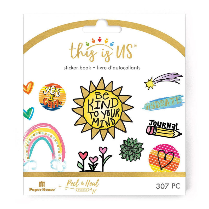 planner stickers book cover featuring colorful illustrations of rainbows, hearts and flowers and a sun, shown on white background.