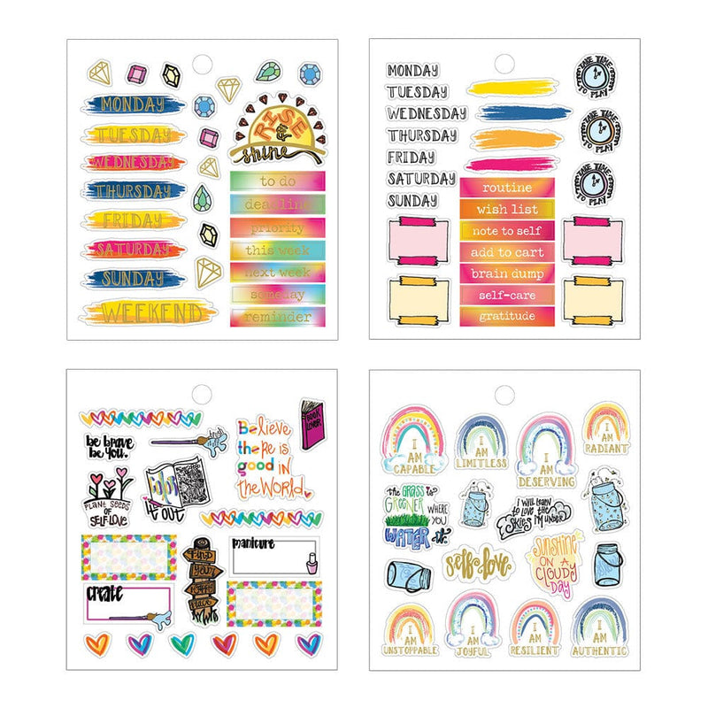 4 sheets of planner stickers featuring colorful illustrations of rainbows, days of the week, and inspirational sentiments, shown on white background.