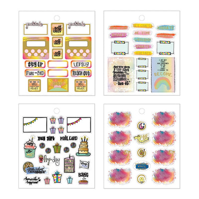 4 sheets of stickers featuring colorful illustrations of birthday cakes, gifts, and inspirational sentiments on white background.