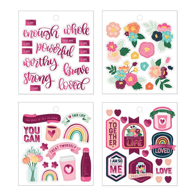 4 sheets of planner stickers featuring colorful florals, inspirational words, hearts and rainbows, shown on white background.