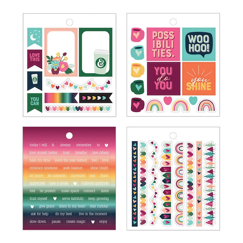 4 sheets of planner stickers featuring illustrated rainbows, florals and inspirational words, shown on white background.
