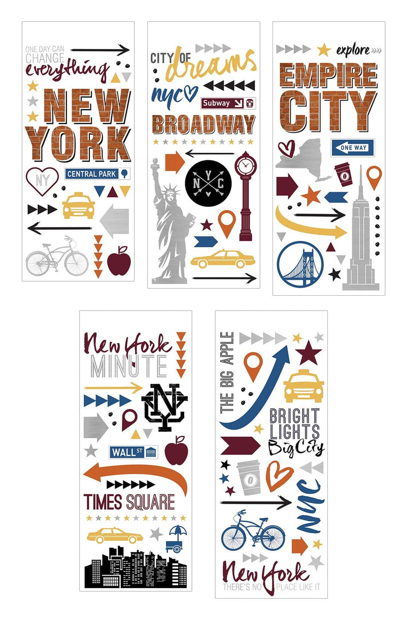 clear scrapbook stickers featuring illustrations of NEW YORK, a taxi, an apple, arrows and stars, shown on white background.