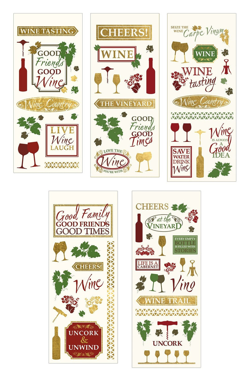 5 sheets of scrapbook stickers featuring illustrated wine bottles, glasses and wine sentiments, shown on white background.
