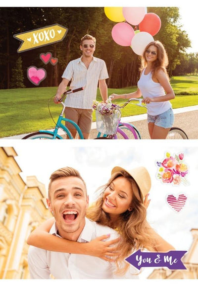 scrapbook stickers shown applied to 2 photographs of a couple having fun outdoors.