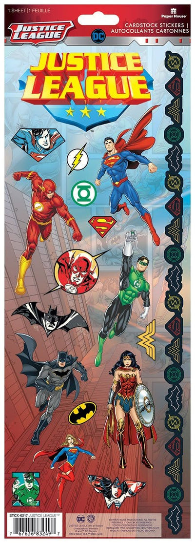scrapbook stickers featuring the Justice League, shown on cardstock stickers package.