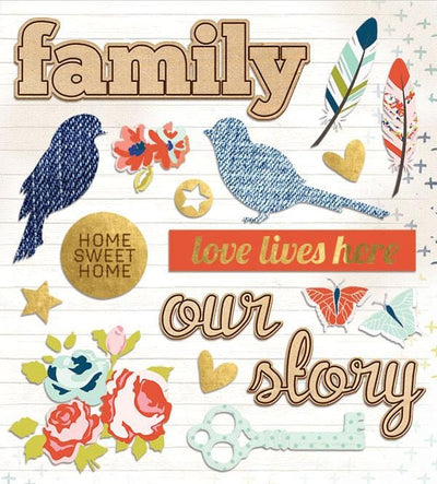 scrapbook stickers featuring illustrations of birds, feathers, and family themed words.