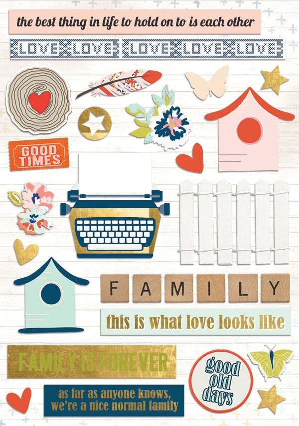 scrapbook stickers featuring illustrations of typewriter, birdhouse, feathers, hearts, and butterflies.