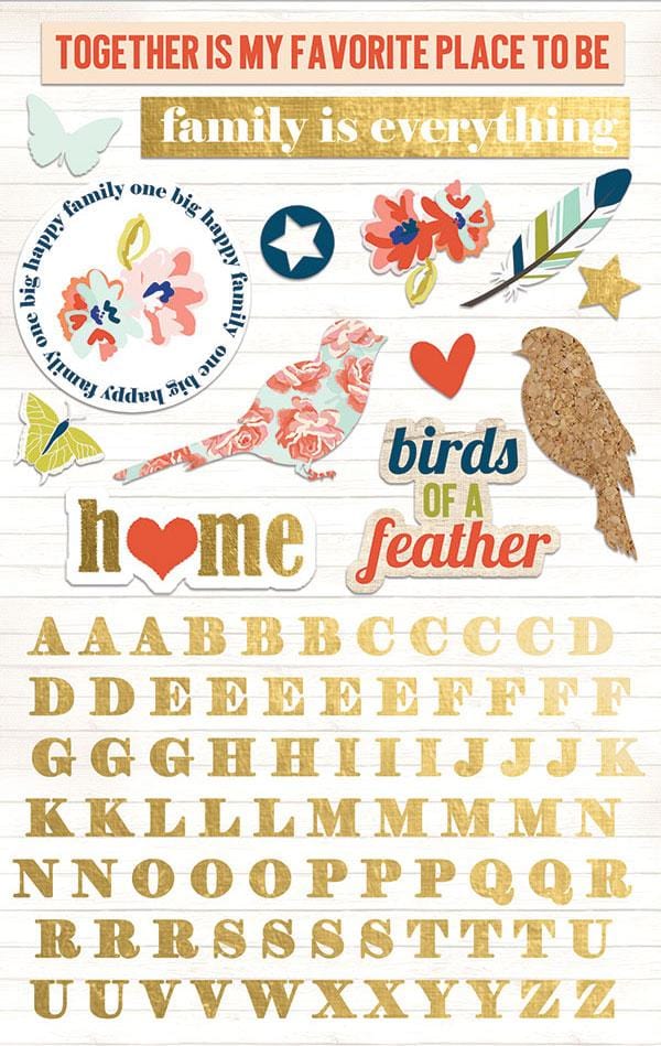 scrapbook stickers featuring illustrations of birds, feathers, hearts, and a gold alphabet.