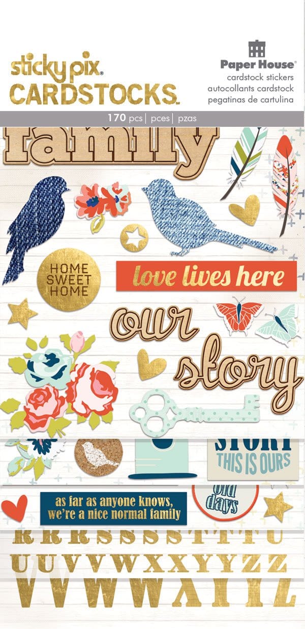 scrapbook stickers featuring illustrations of birds, feathers, hearts, and a gold alphabet, shown in package.