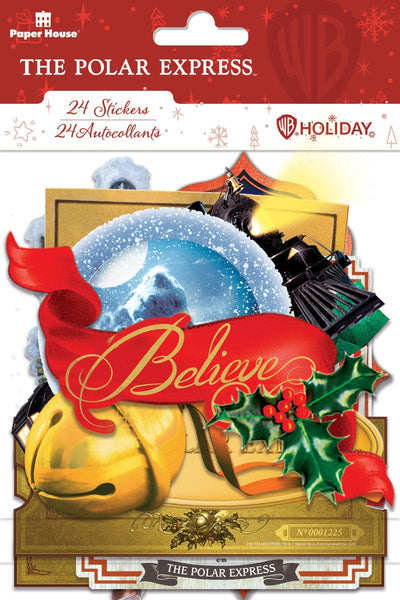 scrapbook stickers featuring The Polar Express die cut scenes and words with gold details, shown in package.