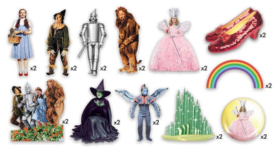 scrapbook stickers featuring twelve Wizard of Oz characters and scenes on a white background.