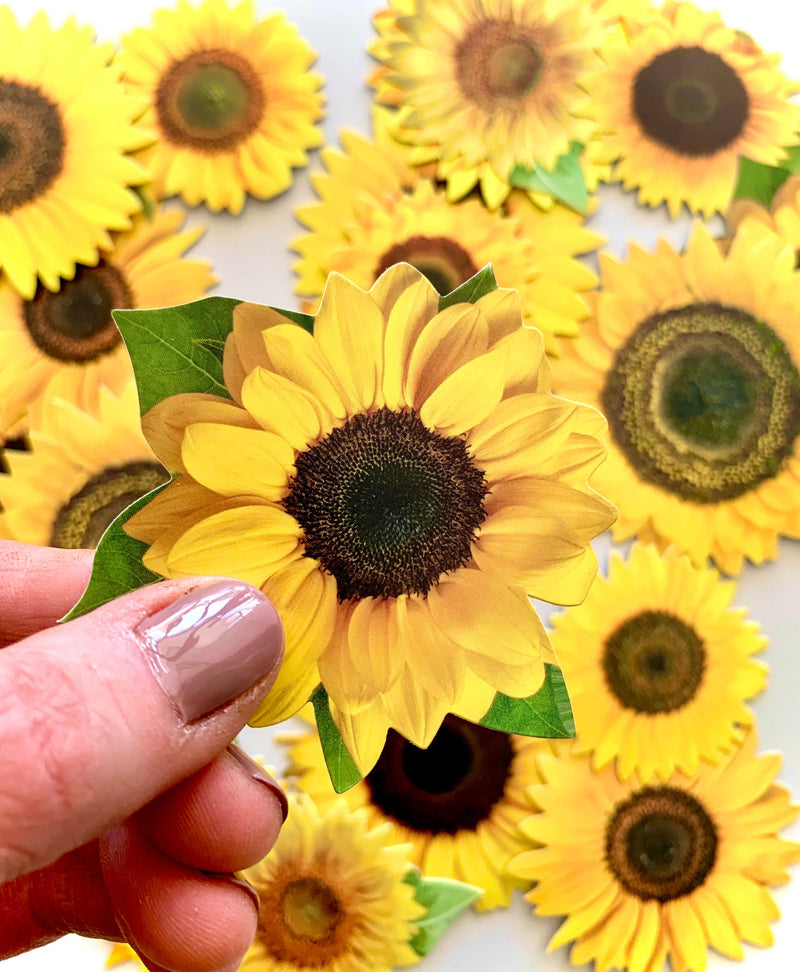 hand displays a close up of a photo real sunflower sticker, shown in front of an assortment of other sunflower scrapbook stickers.