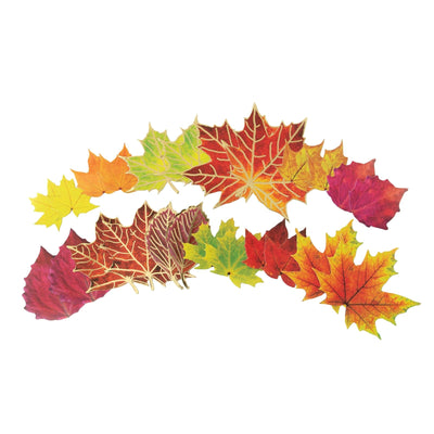 An assortment of scrapbook stickers shown fanned out, featuring fall leaves with gold details on a white background.