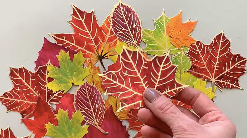 hand displays an assortment of die cut scrapbook stickers featuring fall leaves with gold details on gray background.