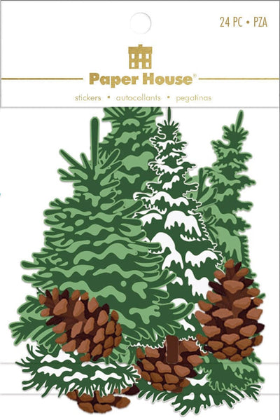 An assortment of scrapbook stickers featuring illustrated pine trees and pine cones shown in package.