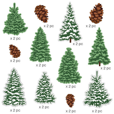 Twelve scrapbook stickers featuring illustrated pine trees and pine cones shown on white background.