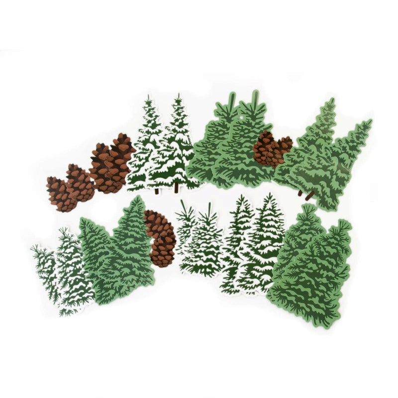 An assortment of scrapbook stickers shown fanned out featuring illustrated pine trees and pine cones.