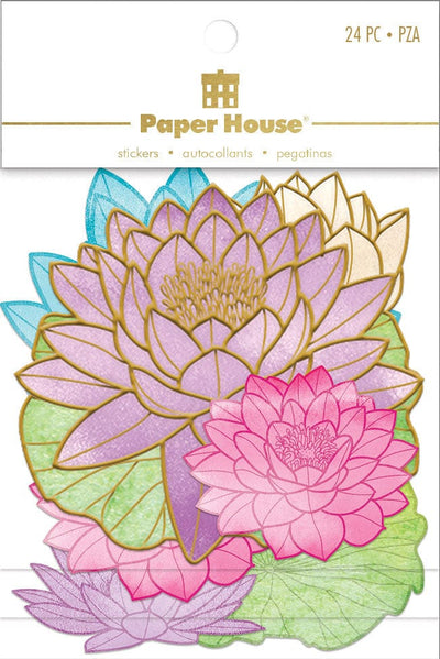 An assortment of scrapbook stickers featuring multi-color lotus flowers with gold details shown in package.
