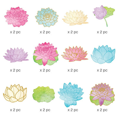 Twelve scrapbook stickers featuring multi-color lotus flowers with gold details are shown on white background.