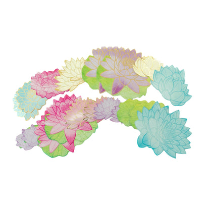 An assortment of scrapbook stickers featuring multi-color lotus flowers with gold details are shown fanned out on a white background.