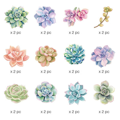 Twelve scrapbook stickers are shown featuring colorful illustrated succulents on a white background. 