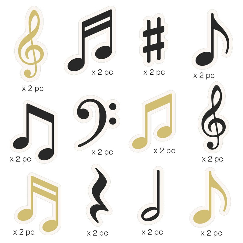Twelve scrapbook stickers featuring black and gold music notes shown on a white background.