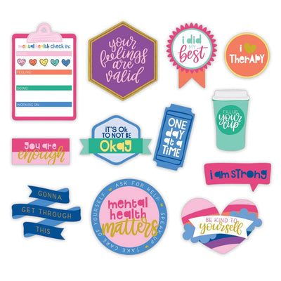 12 scrapbook stickers featuring die cut stickers with colorful, positive sentiments, shown on white background.