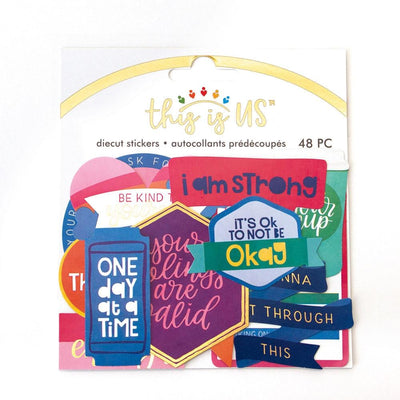 scrapbook stickers featuring die cut stickers with colorful, positive sentiments, shown in package on white background.