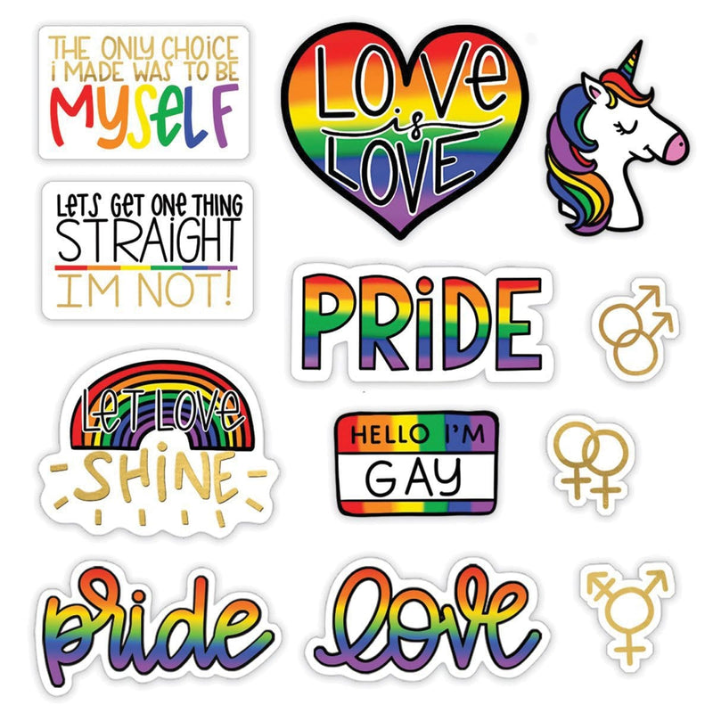 12 scrapbook stickers featuring die cut stickers with rainbows and pride sentiments, shown on white background.