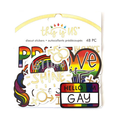 scrapbook stickers featuring die cut stickers with rainbows and pride sentiments, shown in package on white background.