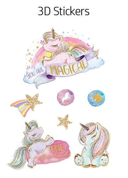 3D scrapbook stickers featuring illustrated pastel unicorns, stars and rainbows with gold accents shown on white background.