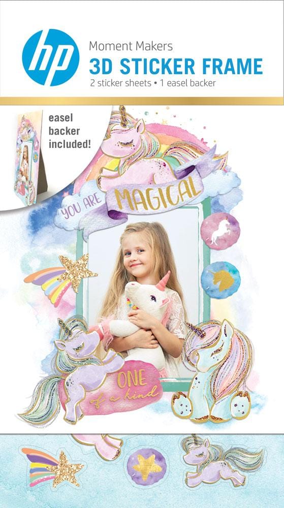 3D scrapbook stickers featuring a photo of a girl with a unicorn in a frame surrounded by illustrated unicorns and rainbows shown in package.