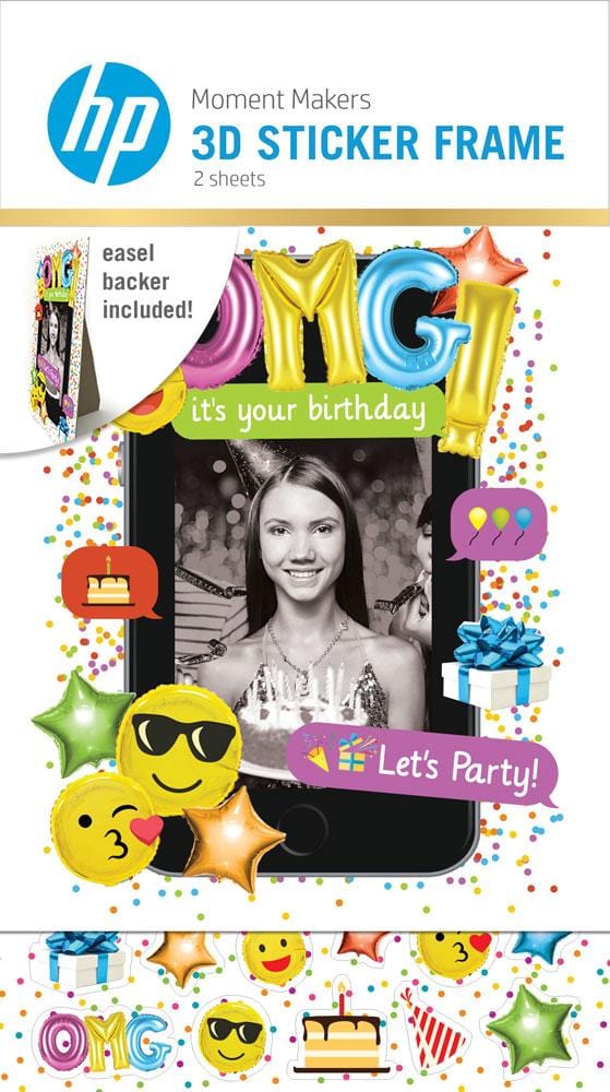scrapbook stickers featuring a photo of a woman in a frame with colorful emoji birthday balloons shown in HP 3D sticker frame package
