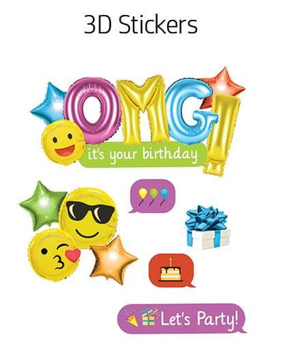 3D scrapbook stickers featuring colorful emoji balloons on a white background.