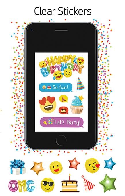 clear scrapbook stickers featuring colorful emoji balloons and a cell phone frame shown on a white background.