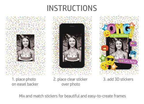 instructions on how to assemble a frame featuring 3 images  of a woman with colorful emoji scrapbook stickers shown on a white background.