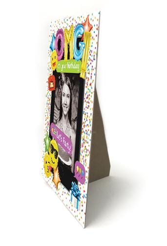 an easel backed cardboard frame featuring a photo of a woman with colorful emoji scrapbook stickers shown on an angle on a white background.