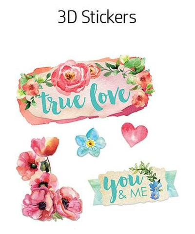 3D scrapbook stickers featuring watercolor florals and hearts in pinks and teals shown on a white background.