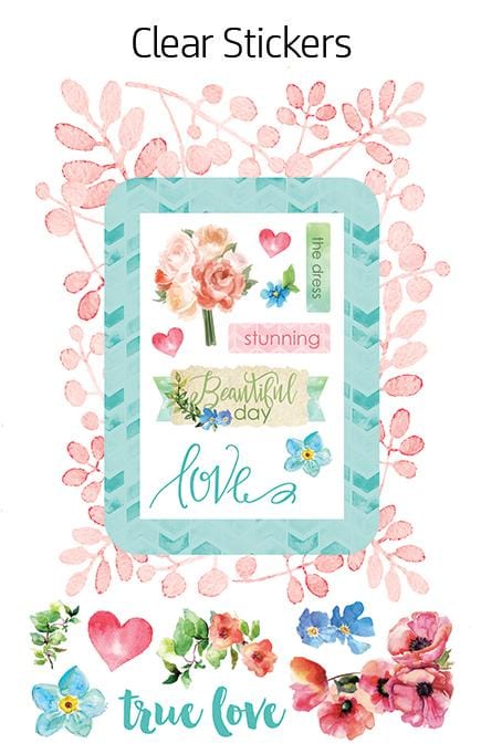 scrapbook stickers featuring a teal frame surrounded by pink and teal watercolor florals, hearts and words of love shown on white background.